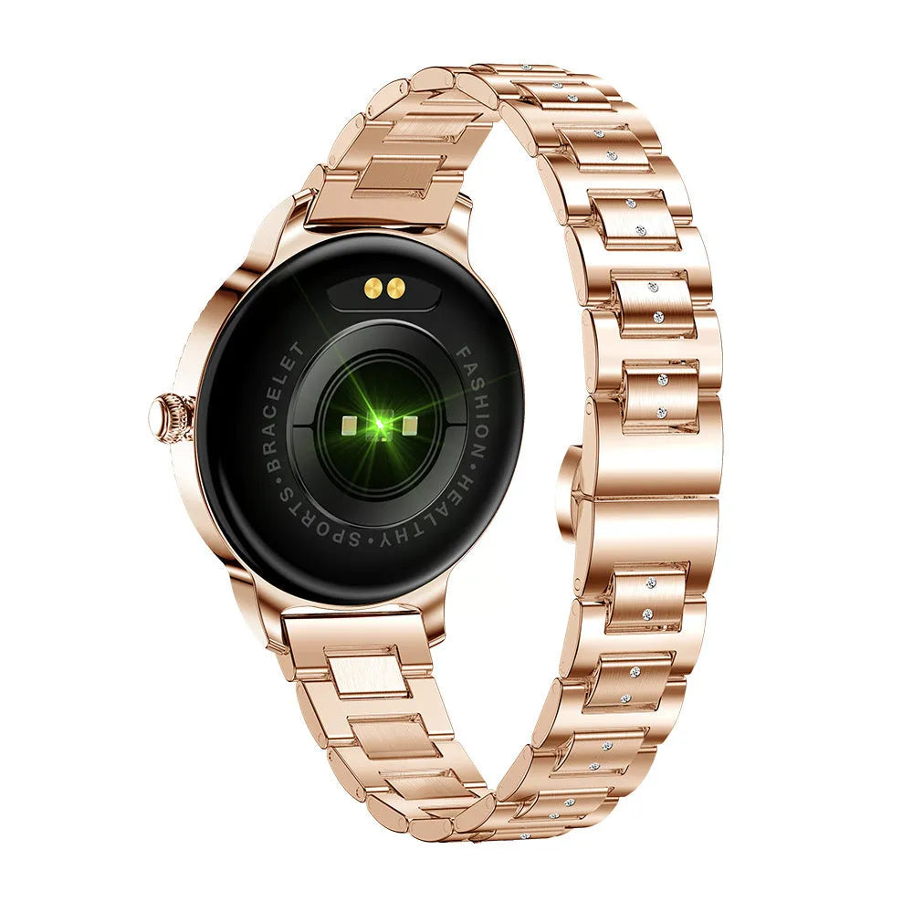 AK38 ladies smart watch with stainless steel band on wrist, showing its 1.09 inch colour screen.