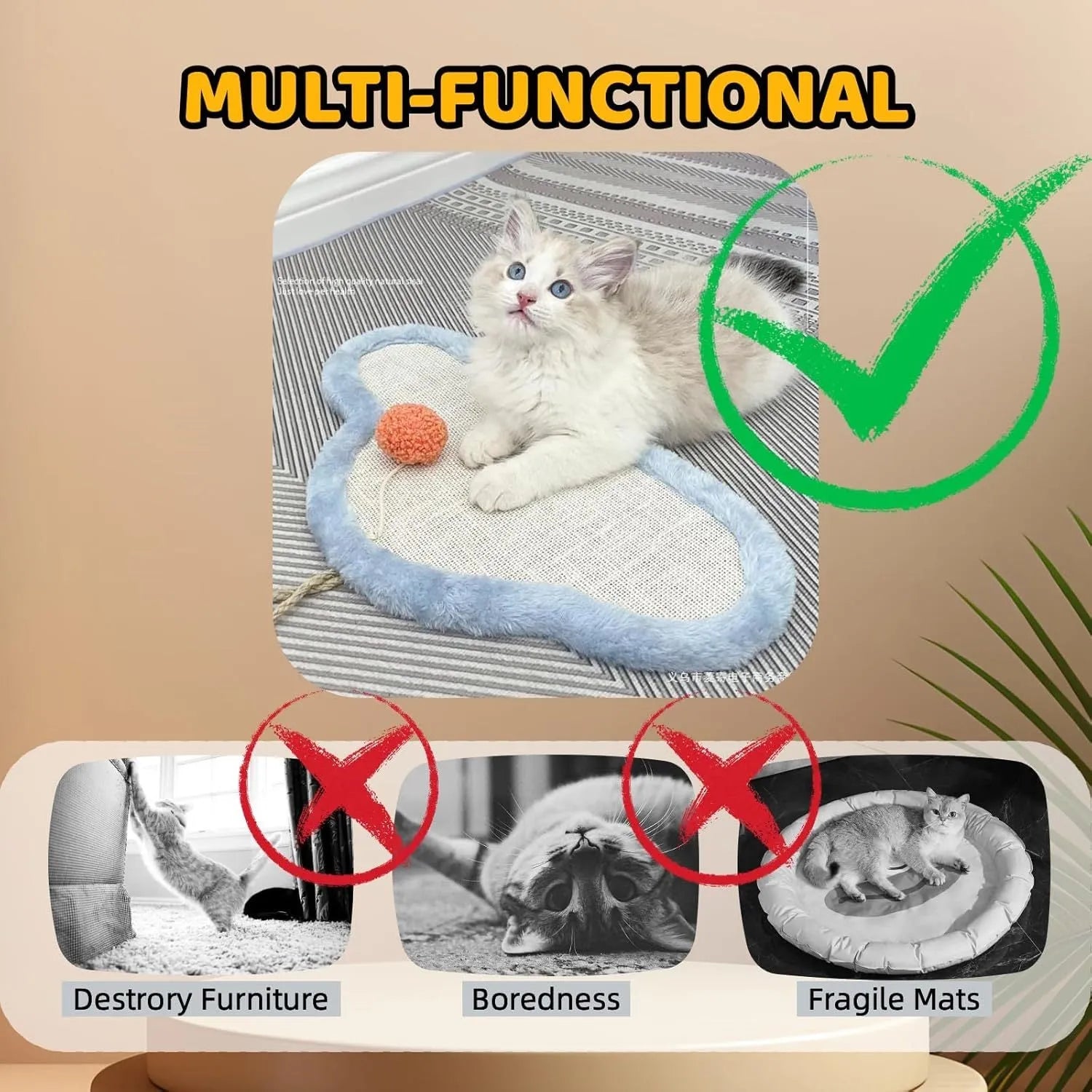White cat scratching mat with sleeping cat cartoon design made from natural sisal
