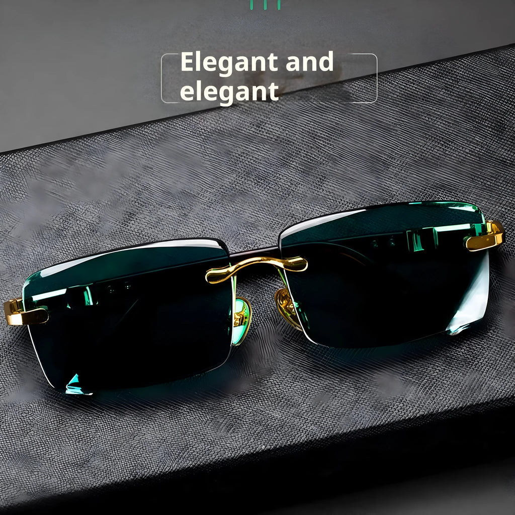 Dark green frameless crystal sunglasses with protective case and cleaning cloth