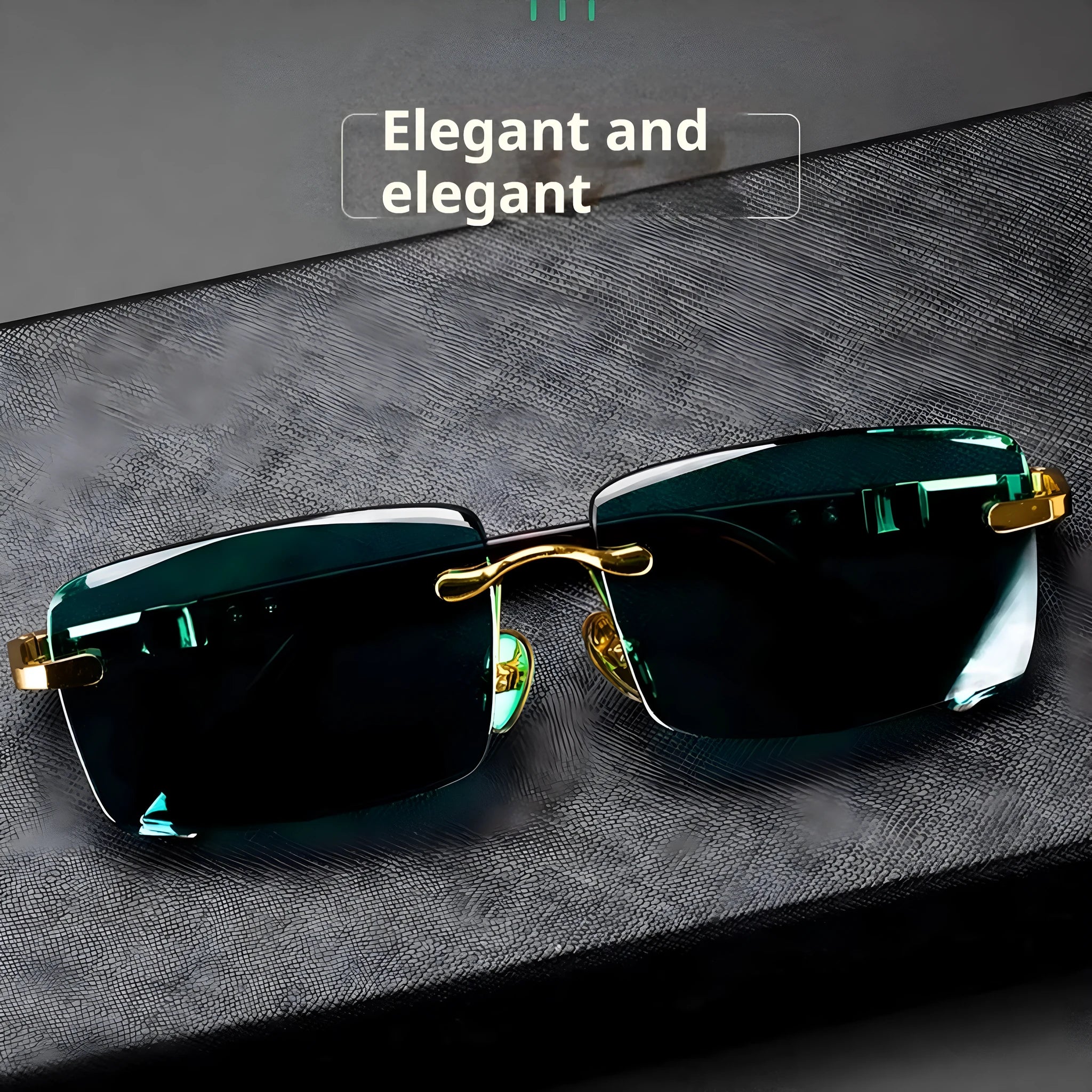 Dark green frameless crystal sunglasses with protective case and cleaning cloth