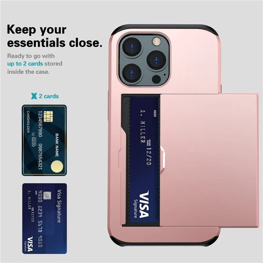 Sliding wallet phone case for iPhone 13 with card slot open showing storage space