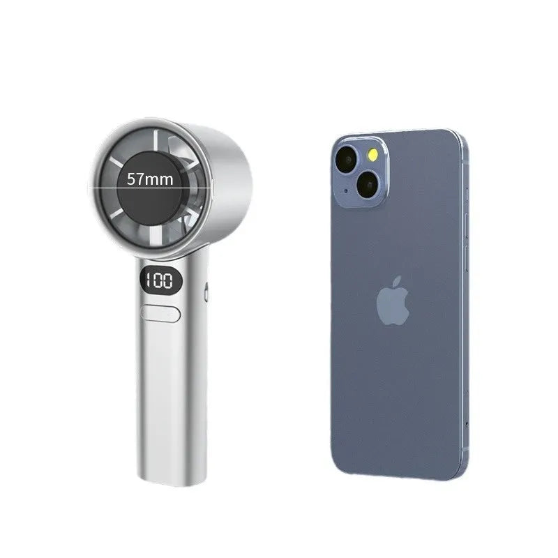 USB handheld fan with variable speed control showing green, khaki, silver, and white colour options