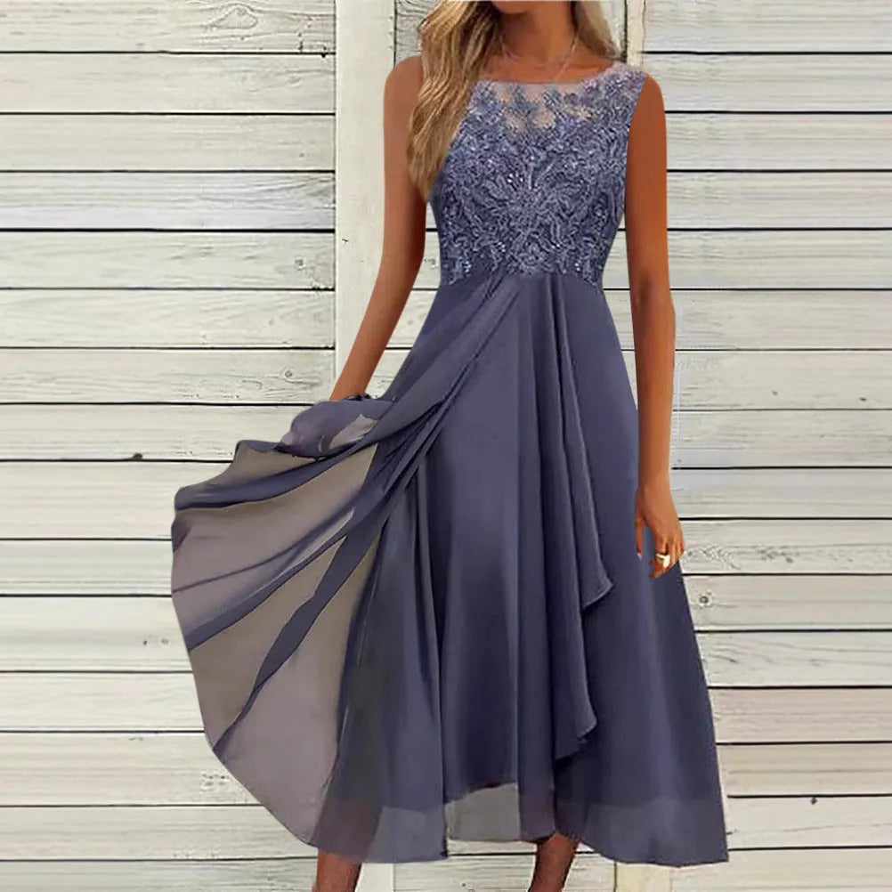 Women's sleeveless chiffon dress with lace hollow-out stitching in fresh sweet princess style