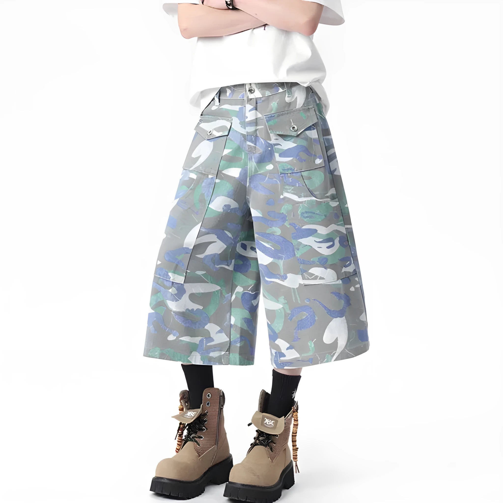 Denim camouflage cropped workwear trousers with straight leg cut and zipper fly closure