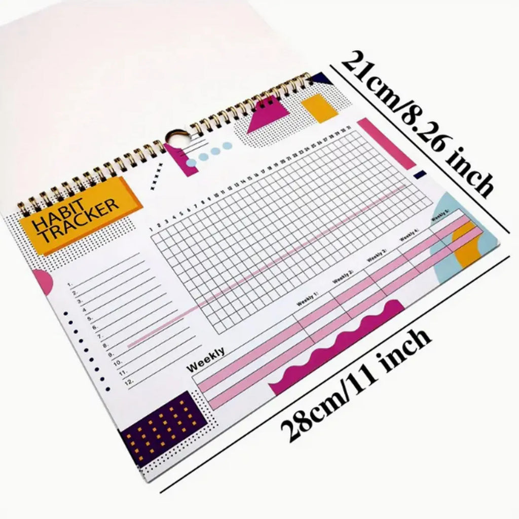 Habit tracking notebook open showing internal pages with 21x28cm dimensions in flower white cover colour