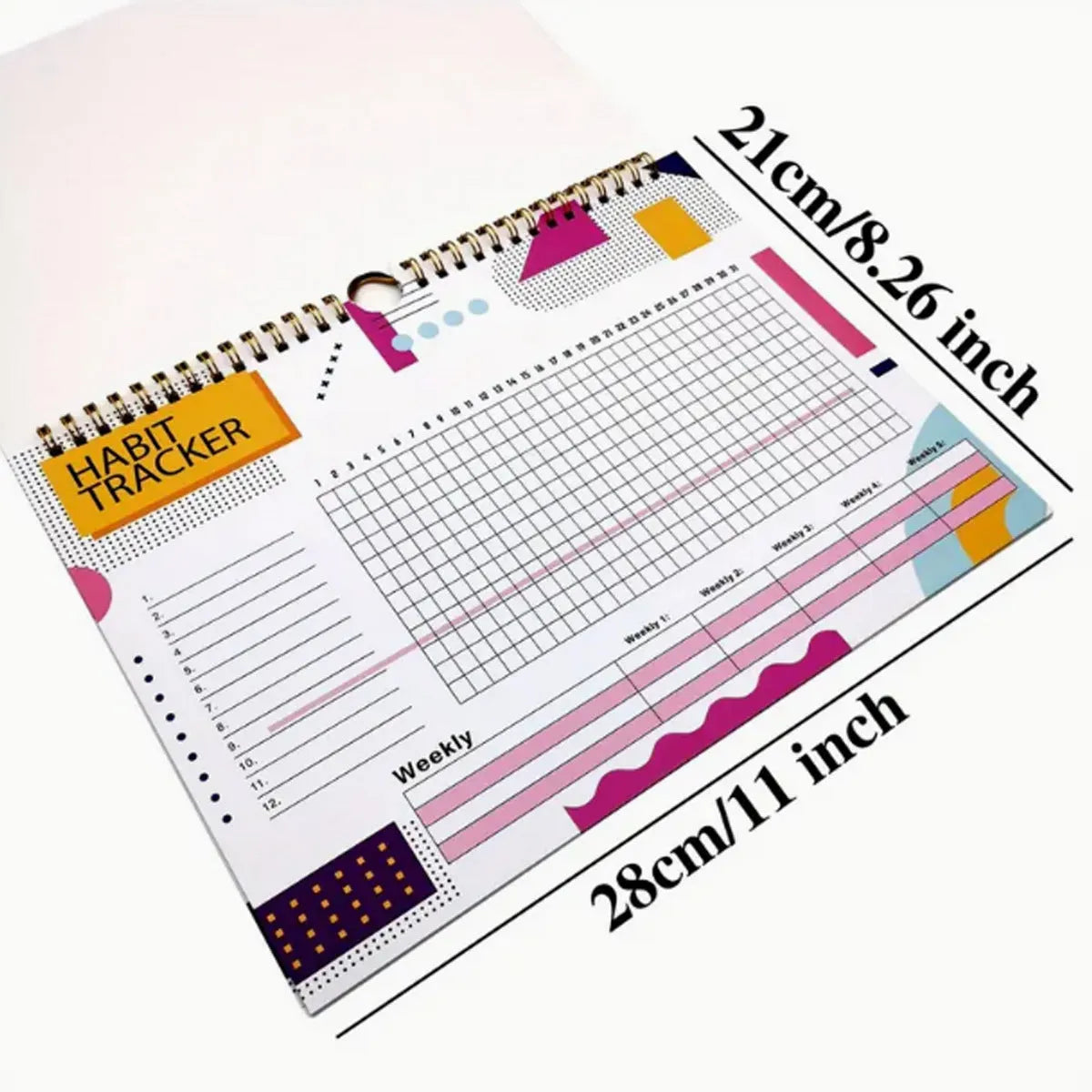 Habit tracking notebook open showing internal pages with 21x28cm dimensions in flower white cover colour