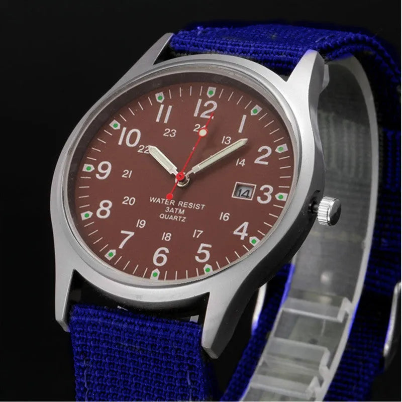 Military fabric strap watch for men, 7mm thick, sports army clock with calendar, available in 20 colours