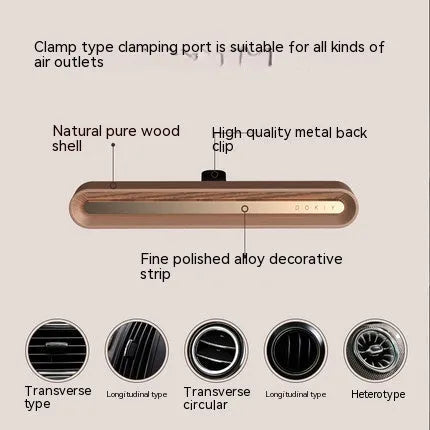 Car air vent aromatherapy ornament in long strip design, shown in walnut and metallic grey colour options
