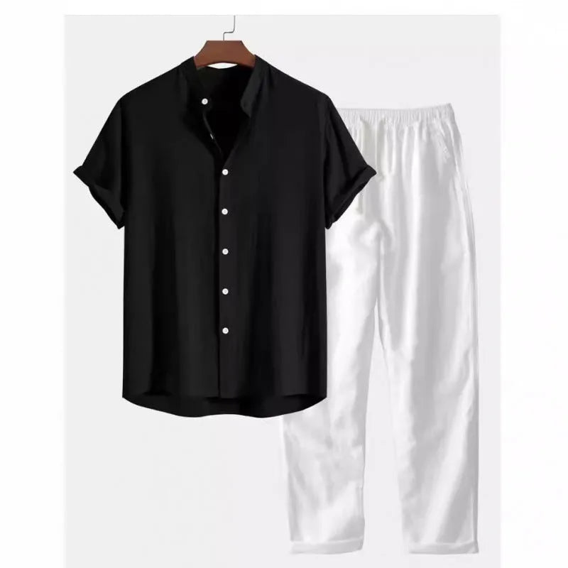 Men's casual linen-look short sleeve shirt and trousers suit set in coordinated two-piece design