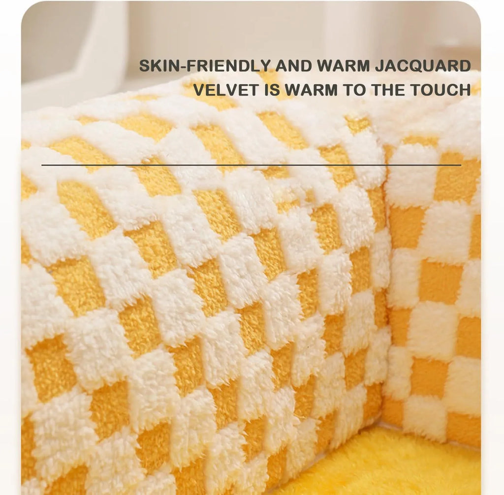 XL sized fan-shaped plush pet bed with integrated tunnel, shown in coffee colour with a non-slip granular base.
