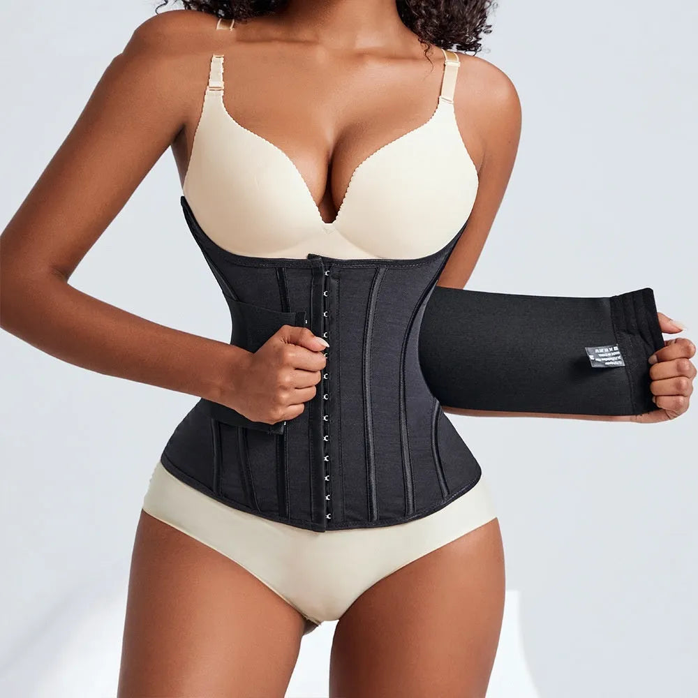 Black and apricot waist training belly band with nylon fabric for tummy slimming and fitness support