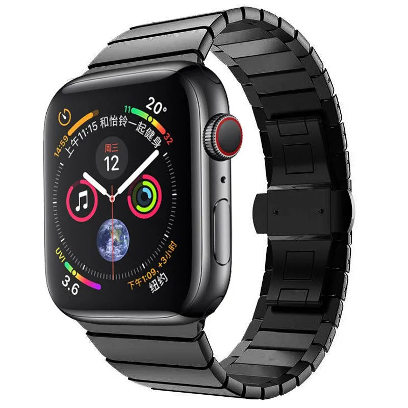 Stainless steel Apple Watch band with butterfly clasp in multiple colour options