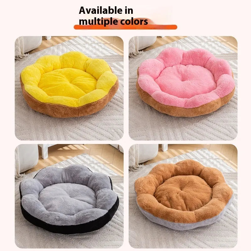 Round plush cat bed with detachable cover in yellow brown flower nest pattern