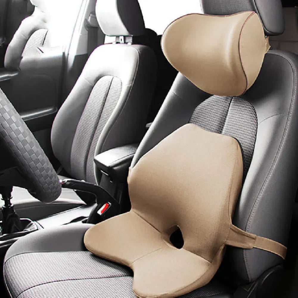 Car waist support pad with memory foam cushioning and adjustable straps shown in beige colour option