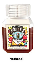 90ml bottle of SK003 fruit fly bait liquid on a kitchen counter near a fruit bowl.