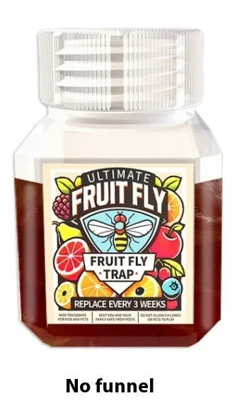 90ml bottle of SK003 fruit fly bait liquid on a kitchen counter near a fruit bowl.