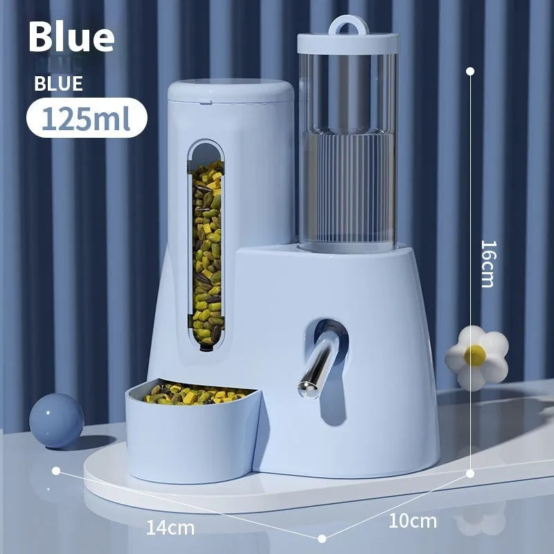 White hamster automatic drinking water feeder with combined food basin for cage mounting