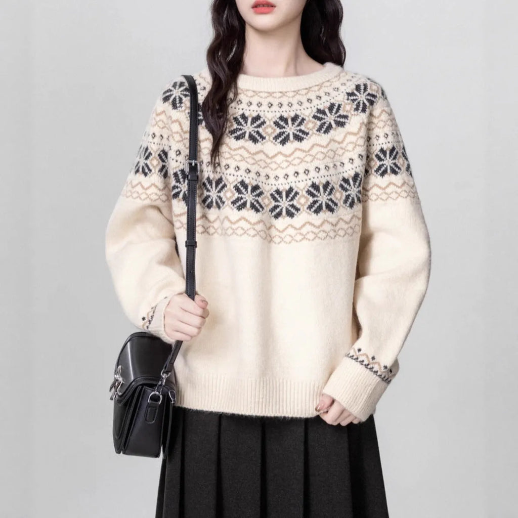 Women's milky white fair isle pullover sweater with geometric knitting pattern and crew neckline