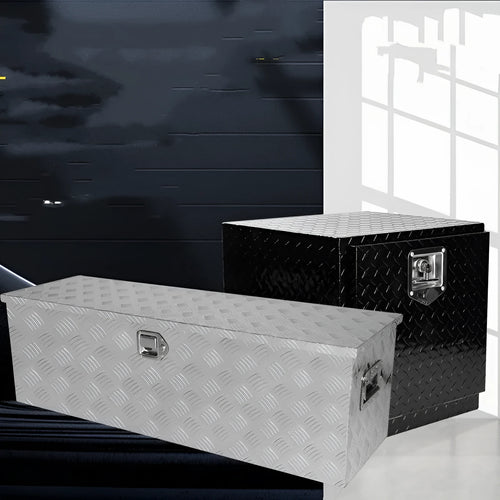 Black aluminium alloy tool case measuring 26 inches with lockable design for tool storage and transport