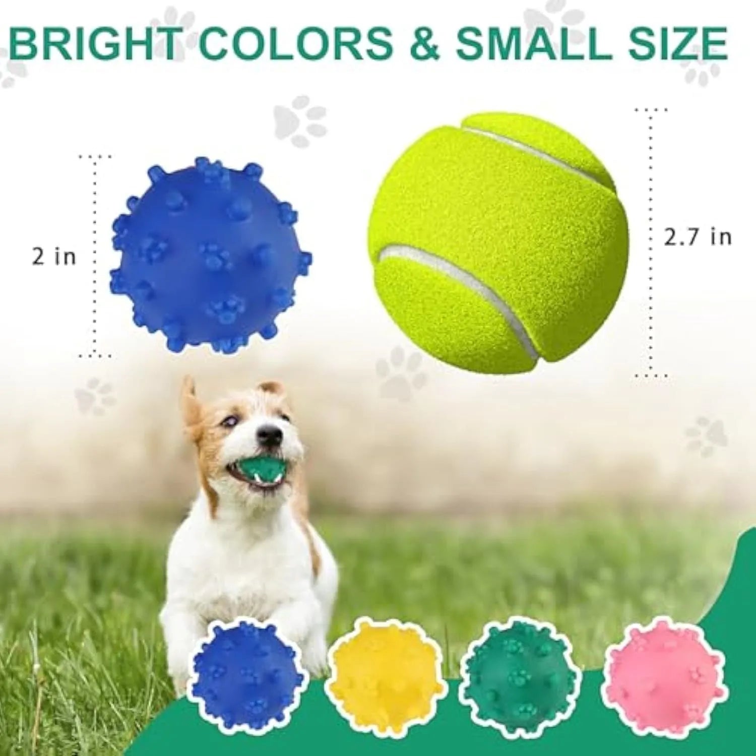 Set of four brightly coloured spiked squeaky dog balls on a blue background