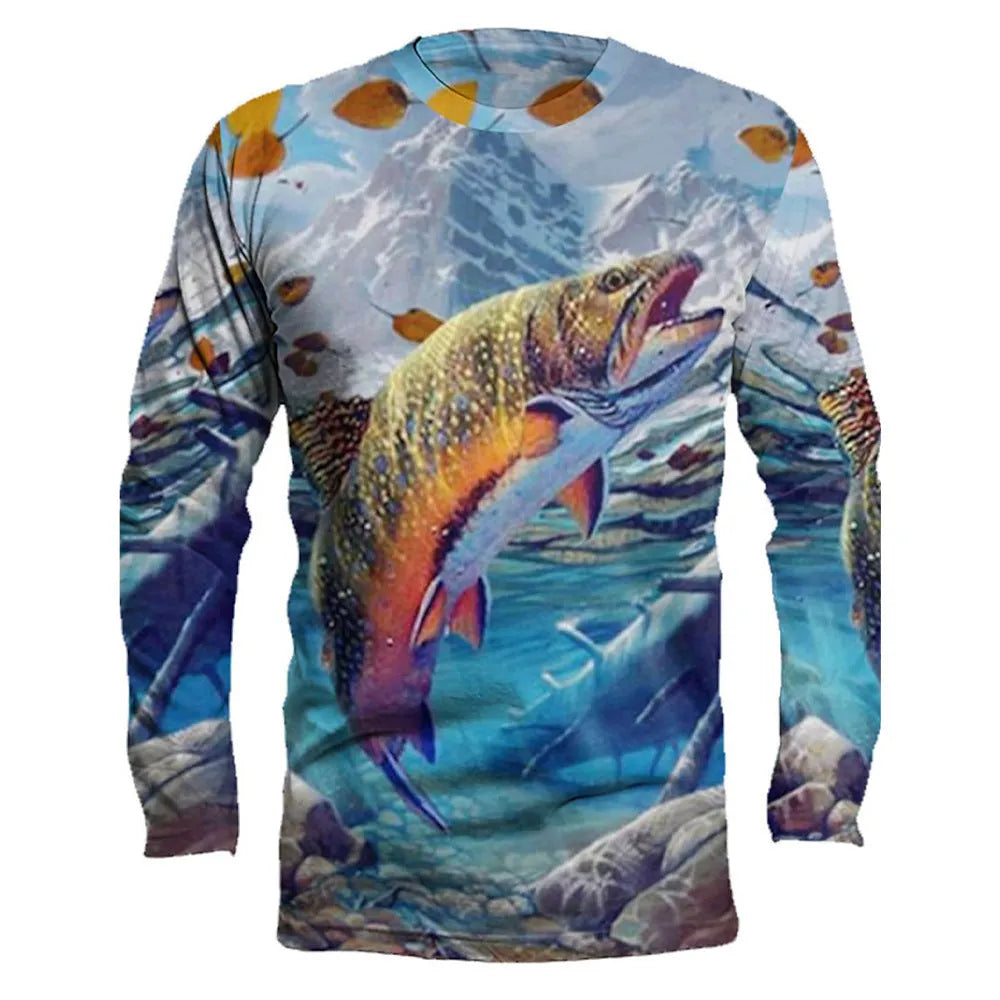 Men's grey milk silk pullover with a blue fish print design on the chest, featuring long sleeves and a round neck.