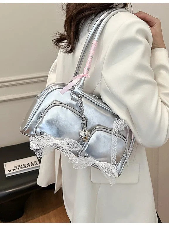 PU leather shoulder bag in horizontal square shape with double straps and phone pocket
