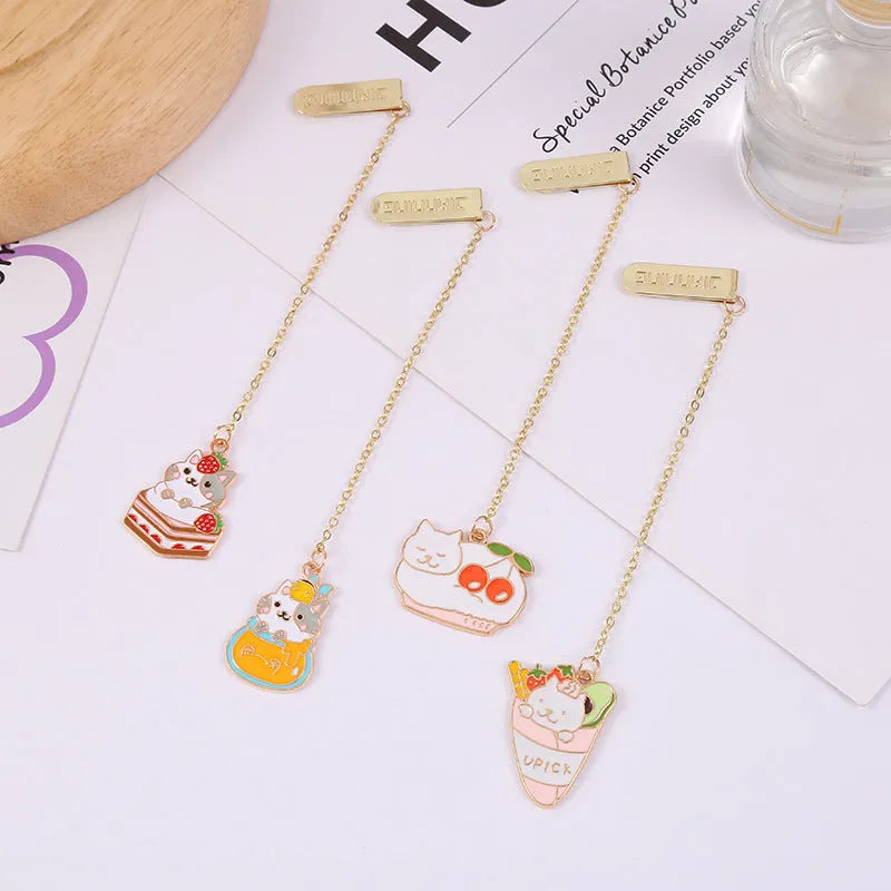 Jane Lime Foodie cat metal bookmark with cartoon pendant in one of four cat-themed designs