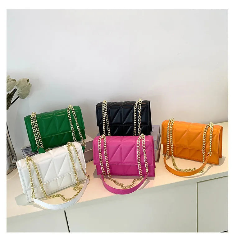 Small square PU crossbody bag with chain strap, 22cm wide, in white black green rose red or orange