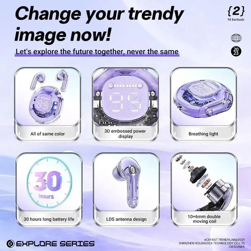 Transparent wireless Bluetooth in-ear headset shown in white, black, pink, sky blue, or violet colours