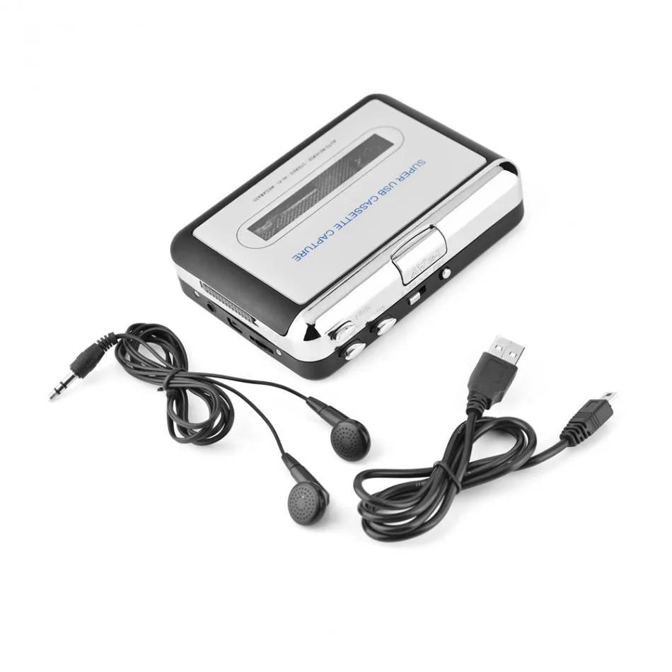 Silver USB cassette tape to MP3 digital audio converter unit with cable