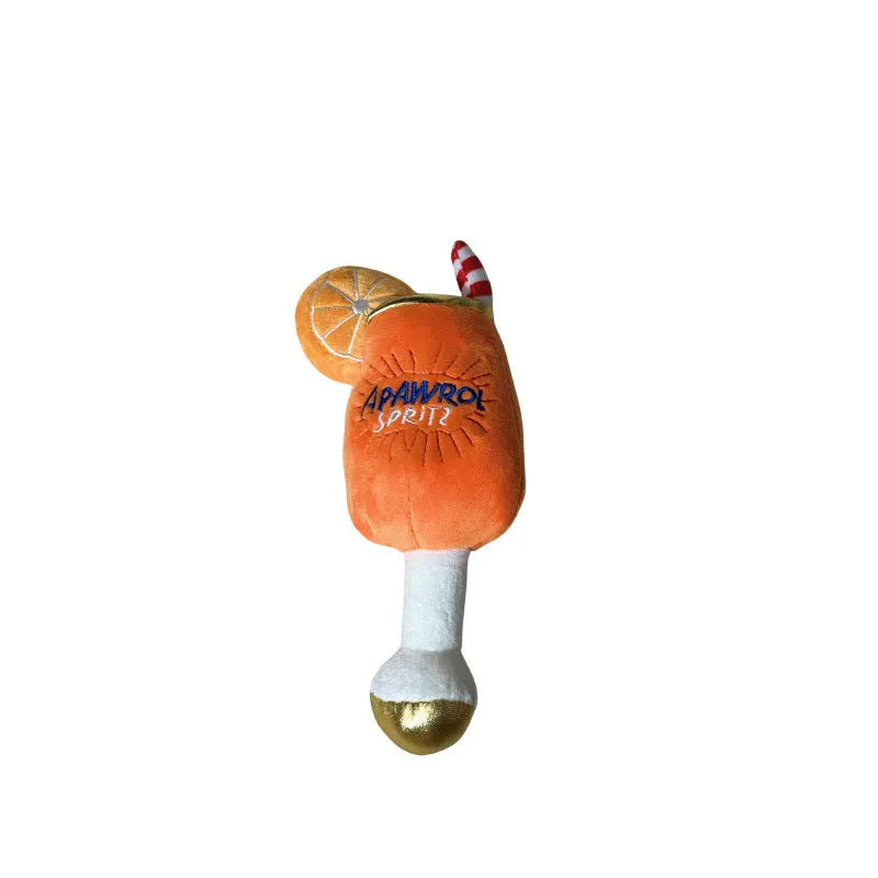 Yellow beer bottle cup shaped plush dog toy with squeaker for interactive chewing and teeth cleaning