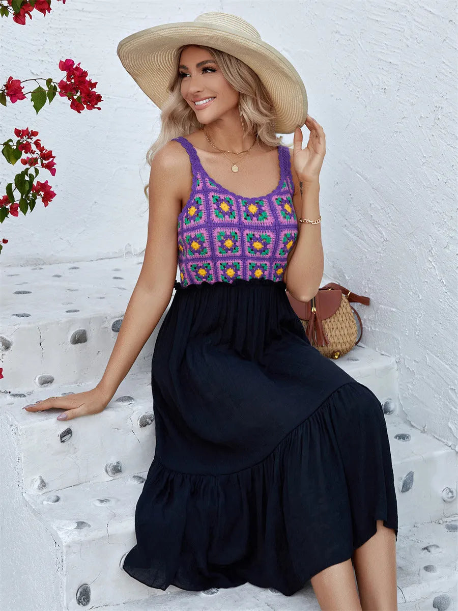 Purple sleeveless dress with hand-stitched floral embroidery on cotton blend fabric