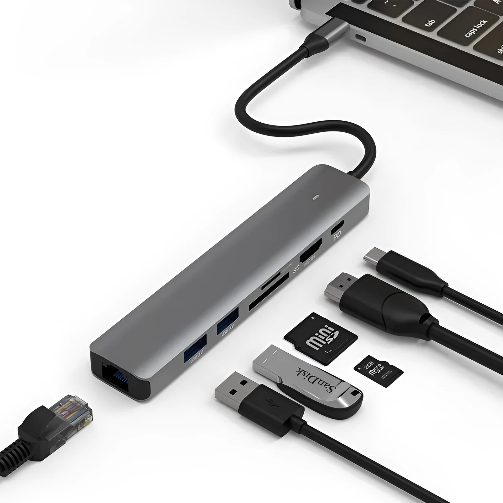 7-in-1 USB-C hub with SD card reader, MicroSD slot, HDMI port, USB 3.0 ports, and PD charging