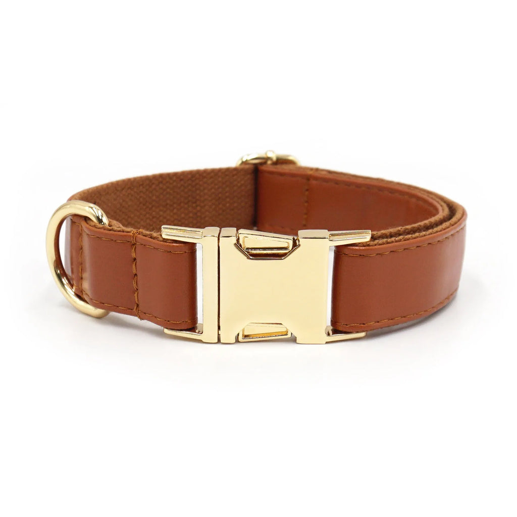 Simple colour blocking leather dog collar shown in a caramel colour, with labelled size options XS, S, M, L, XL.