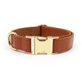 Simple colour blocking leather dog collar shown in a caramel colour, with labelled size options XS, S, M, L, XL.