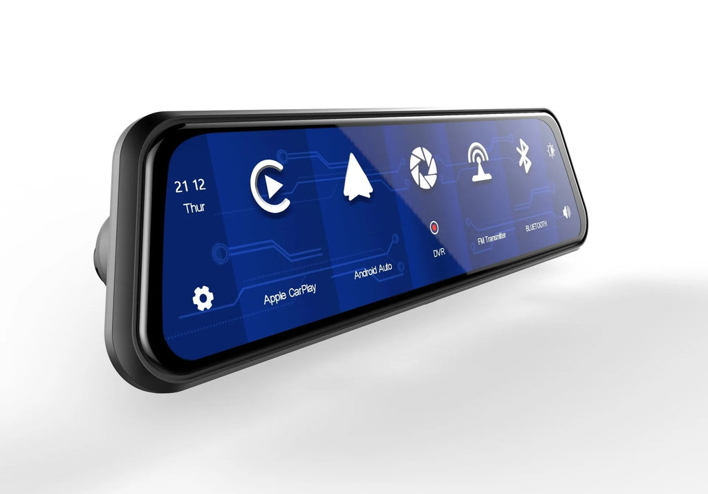 A black dual-lens dashboard camera with a large touchscreen display mounted on a car windshield.