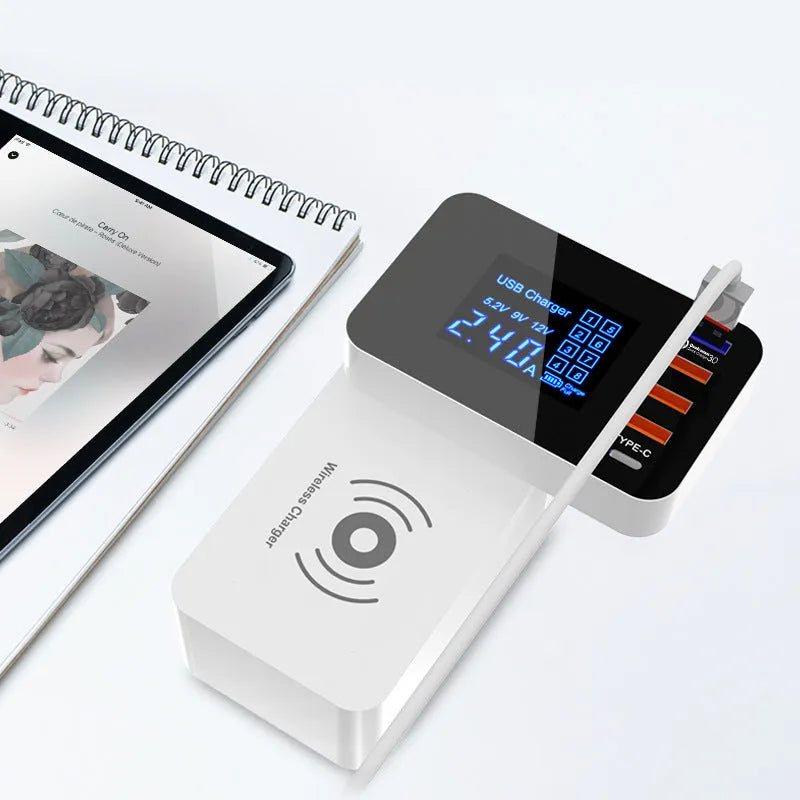 White multi USB port fast charger with wireless charging pad and international plug adapters