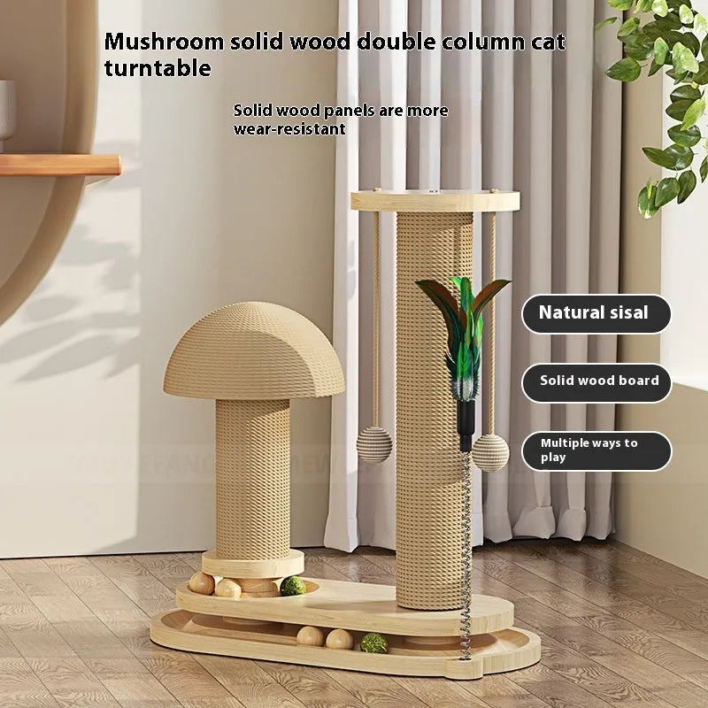Solid wood cat scratching post climbing frame with interactive turntable in various style options
