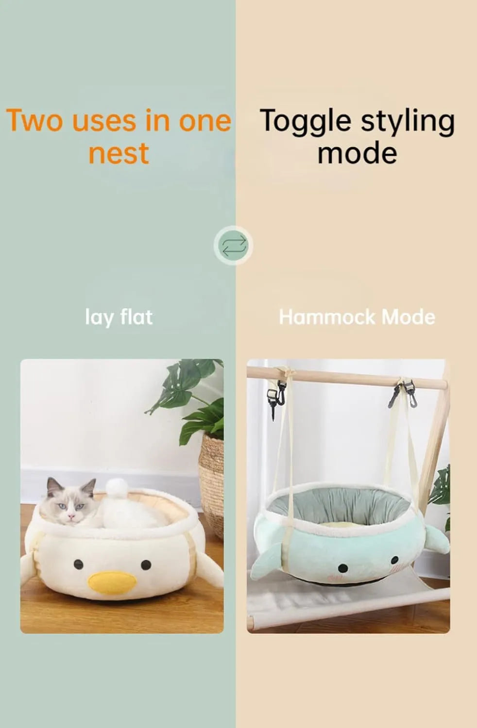 Green chick dinosaur shaped cat bed shown both flat and hanging as a hammock.