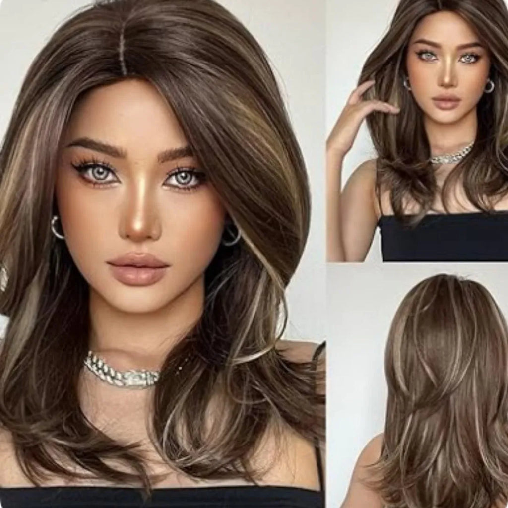 Mid-length platinum gradient curly synthetic wig with long bangs in Star Fashion style.