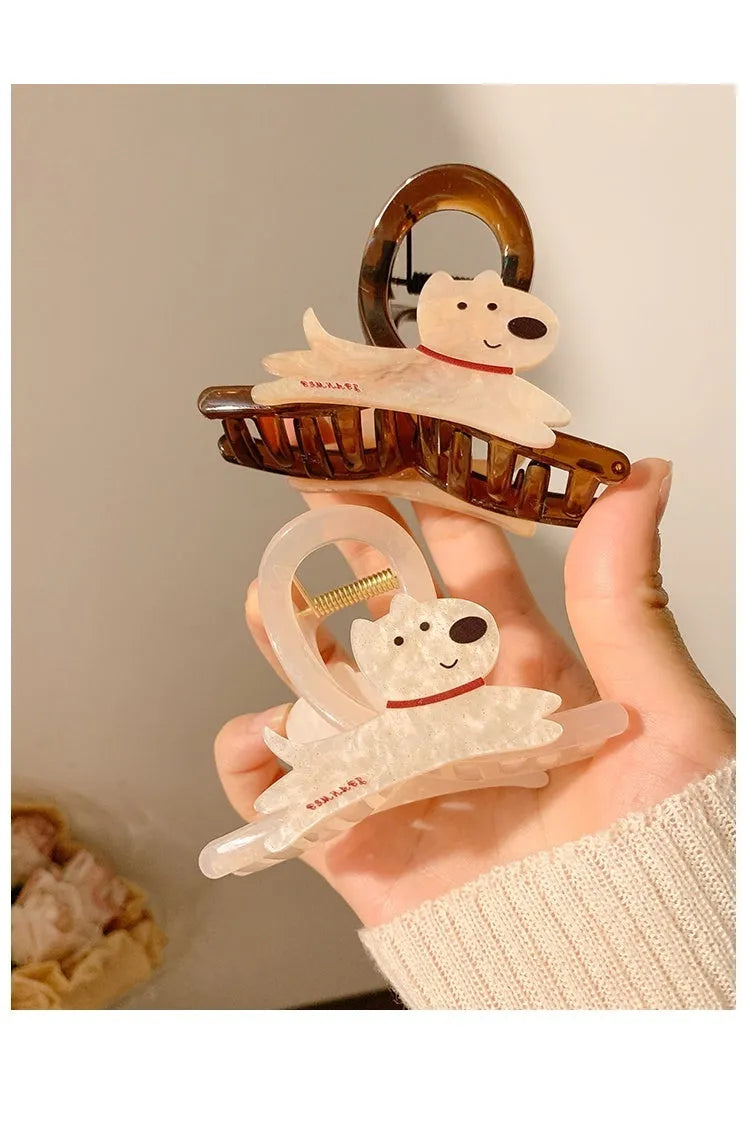 Korean style puppy grip hair clip in beige and brown, showing 13cm and 8cm sizes.