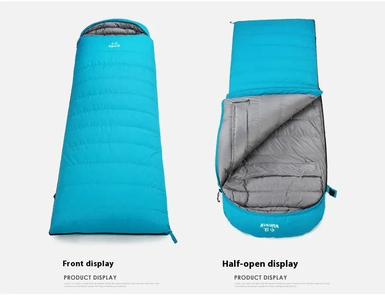 Black outdoor sleeping bag with goose down filler and tear-resistant nylon fabric shown on a neutral background.