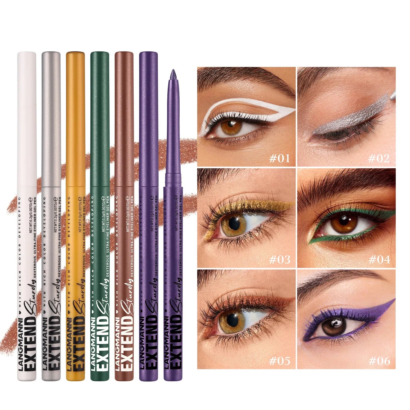 12 colourful gel glitter eyeliner pencils in vibrant shades with matte, glitter, metallic, and pearl effects