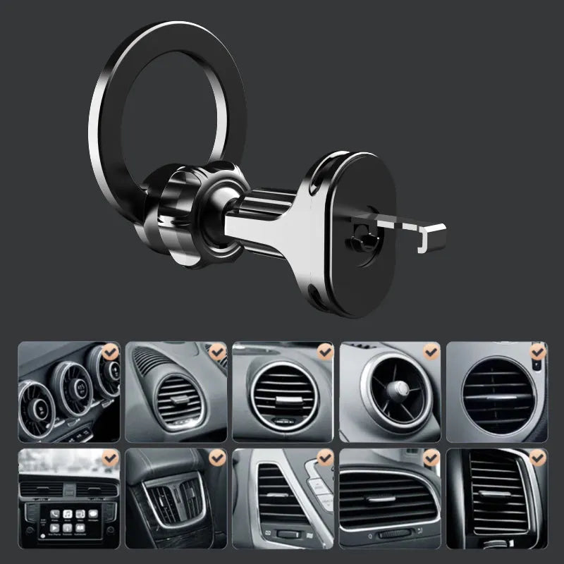 Black magnetic car phone holder mounted on vehicle air vent with O-ring design