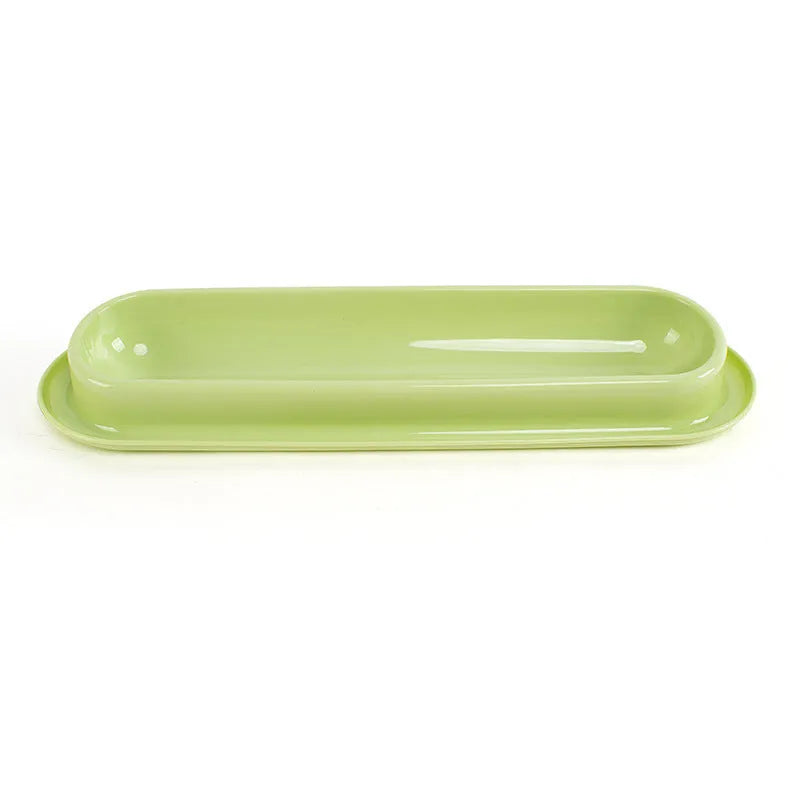 Green, pink, and yellow leakproof plastic pet food and water bowls for multiple kittens or puppies.