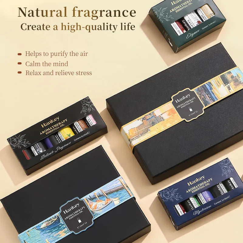 Boxed water-soluble aromatherapy essential oil sets in 3, 5, 6, 10 and 12 piece combinations