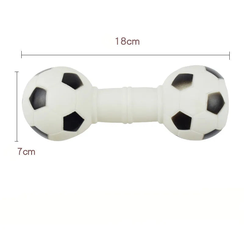 Four coloured brown, orange, white, yellow dumbbell shaped squeaky football dog toys.