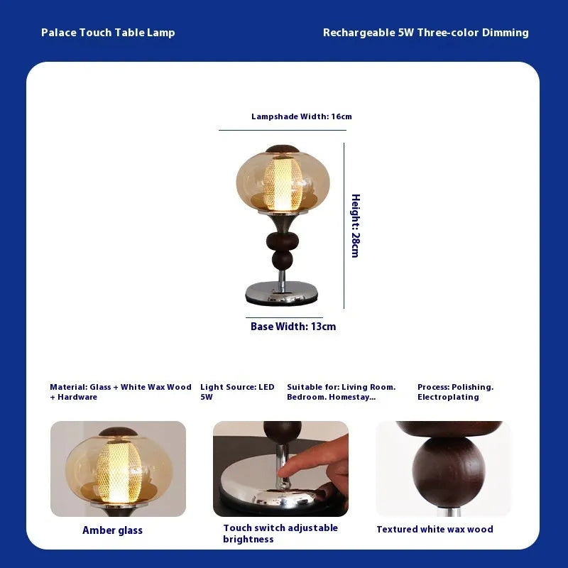 Zhonggu solid wood retro table lamp with touch dimming control and USB cable.