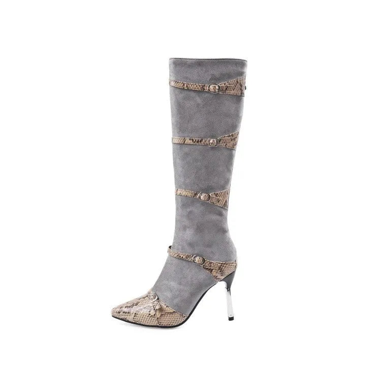 Women's knee high boots with thin 9cm heels in black and grey colours