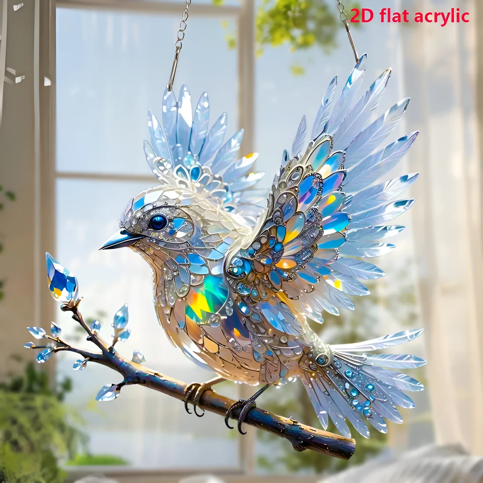 Cartoon style bird design printed on a square clear acrylic pendant decoration.